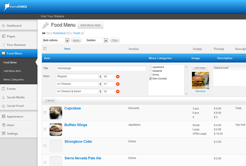 tf_admin_food custom post type customized wordpress